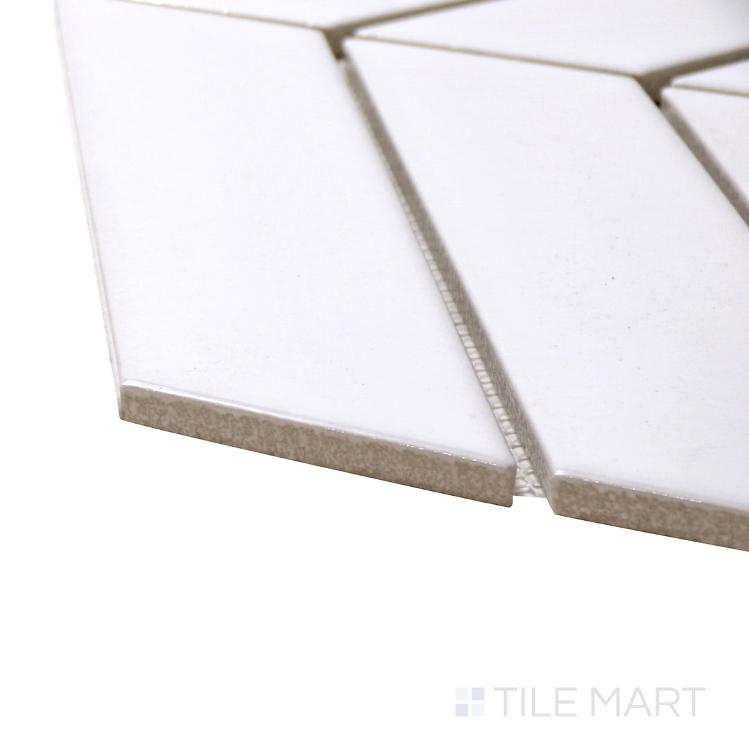 Captured from a corner angle, the Shapes White Chevron Glossy Porcelain Mosaic tile showcases its crisp white tones and glossy sheen, creating a modern and sleek aesthetic.