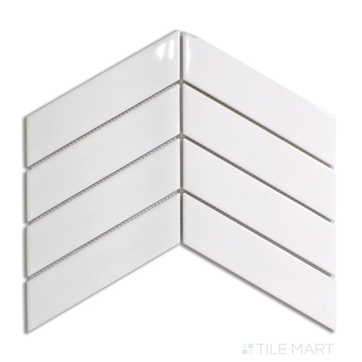 Top-down perspective of glossy white chevron-patterned porcelain mosaic tiles, exuding a sleek and elegant feel.