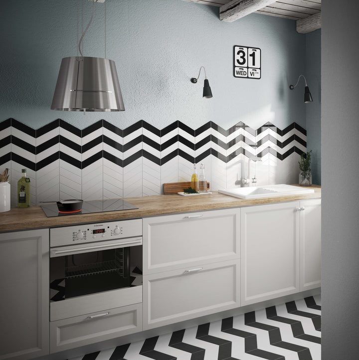 A refined and sophisticated setting showcasing Shapes White Chevron Glossy Porcelain Mosaic, creating an elegant and modern visual statement.
