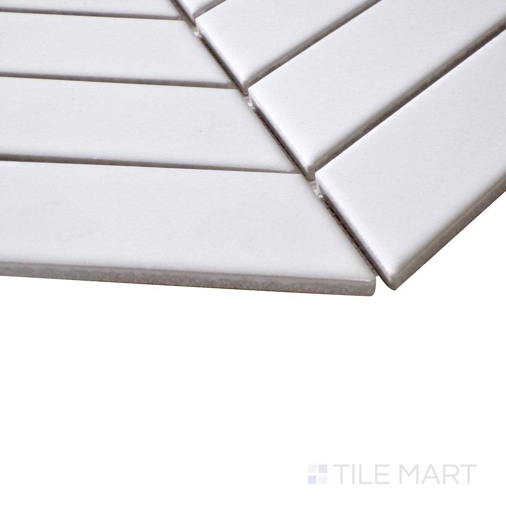 Side perspective showcasing the crisp angles and smooth matte texture of White Chevron Matte Porcelain Mosaic, ideal for modern styling.