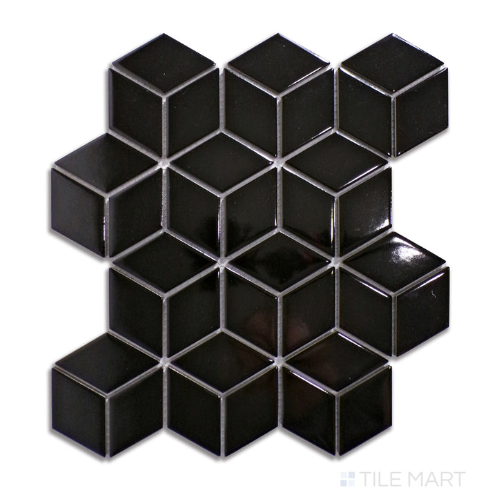 Bird’s-eye view of glossy black cube-patterned porcelain mosaic tiles, creating a striking and dimensional look.