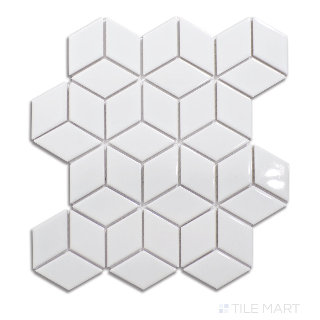 Overhead image of light gray cube-patterned glossy porcelain mosaic tiles, forming a modern and visually engaging design.