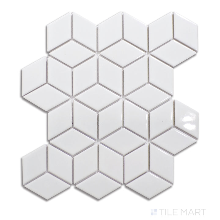 Overhead image of light gray cube-patterned glossy porcelain mosaic tiles, forming a modern and visually engaging design.