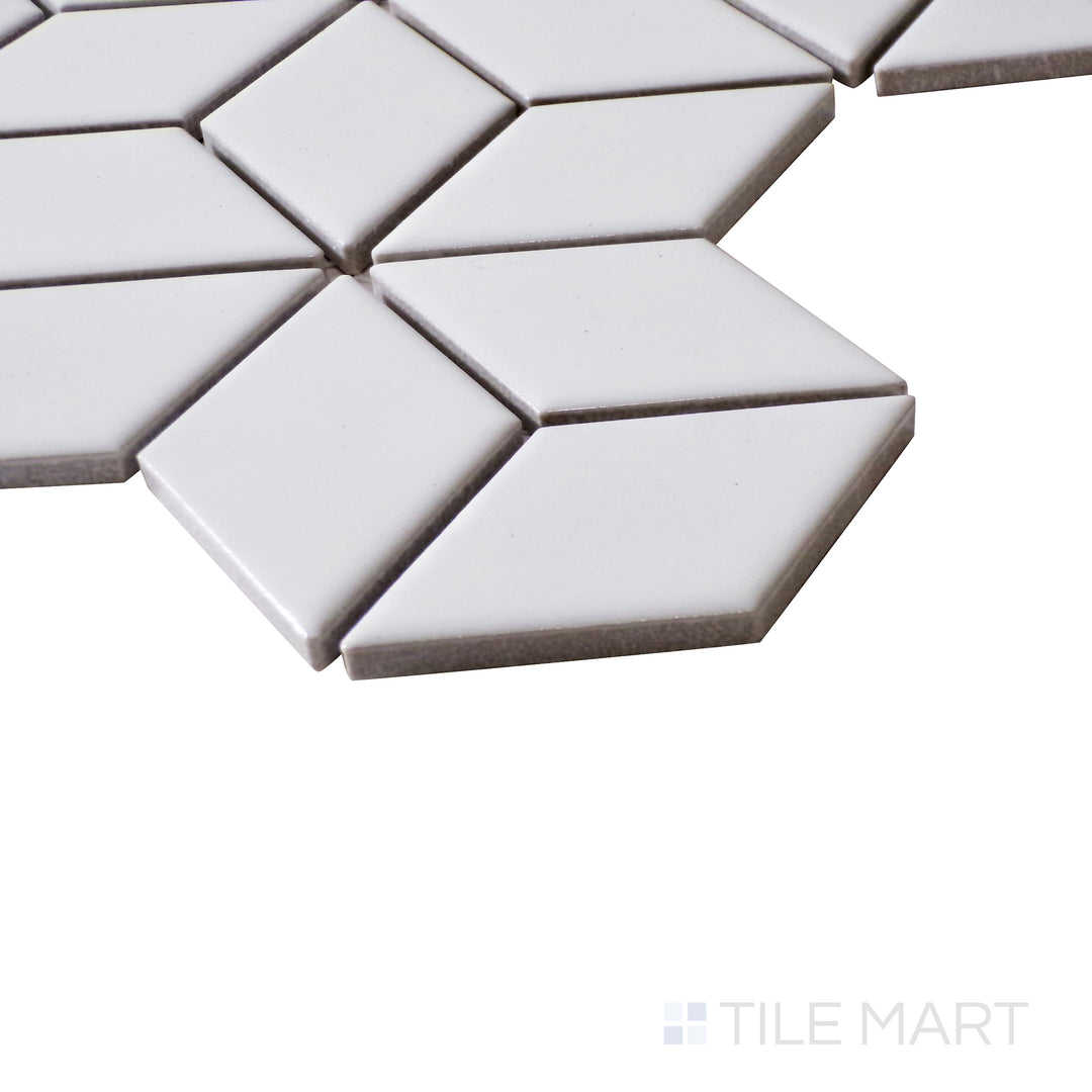 Bright and elegant side angle highlighting the luminous effect of White Cube Glossy Porcelain Mosaic.