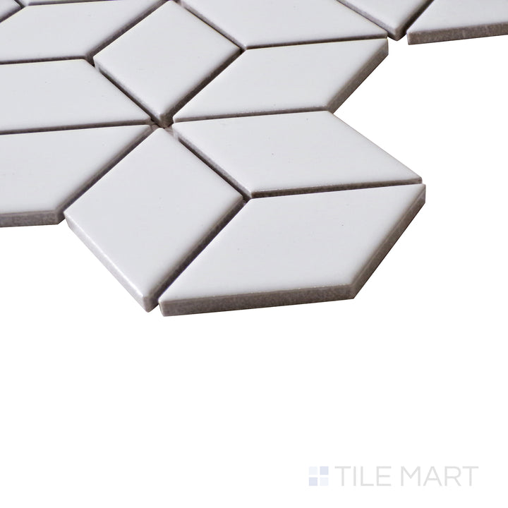 Bright and elegant side angle highlighting the luminous effect of White Cube Glossy Porcelain Mosaic.