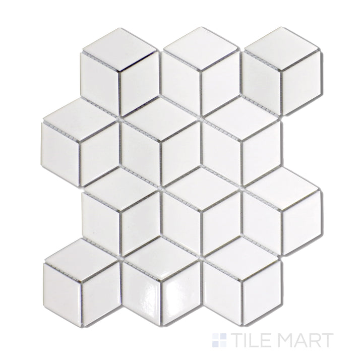 Top-down view of glossy white cube-patterned porcelain mosaic tiles, reflecting light for a sleek, modern look with a subtle three-dimensional effect.