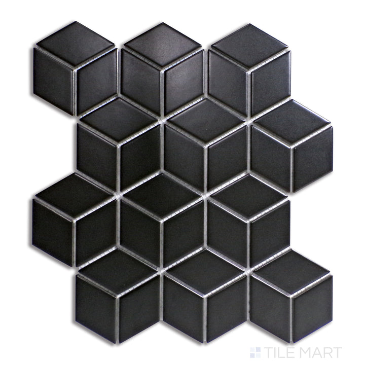 Overhead image of matte black cube-patterned porcelain mosaic tiles, featuring a bold geometric design that enhances depth and contrast in contemporary interiors.
