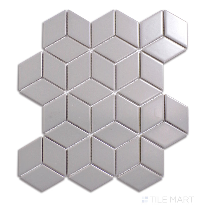 Flat-lay shot of light gray cube matte porcelain mosaic tiles, offering a refined, structured pattern that blends seamlessly into minimalist and industrial designs.