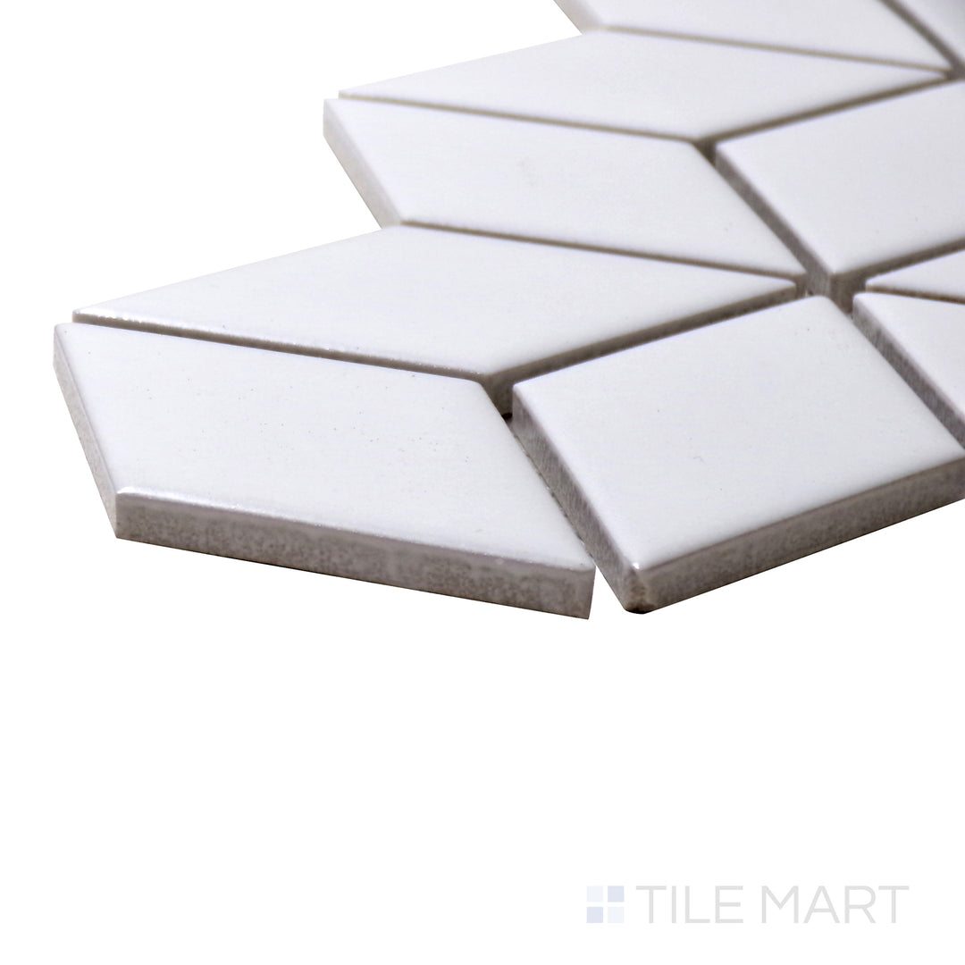 A corner shot of the Shapes White Cube Matte Porcelain Mosaic tile showcases its minimalist cube pattern with a soft matte texture, ideal for clean and bright aesthetics.