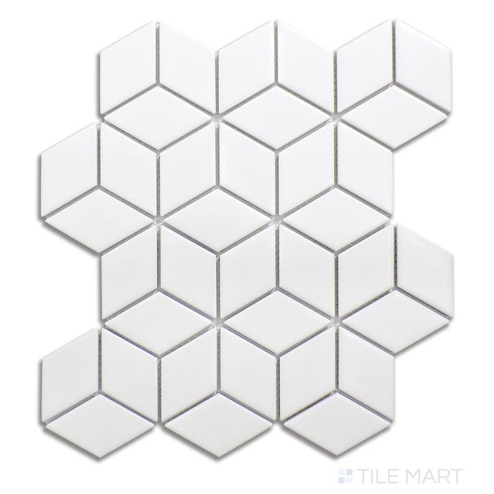 Aerial perspective of matte white cube-patterned porcelain mosaic tiles, delivering a crisp, geometric style that brings balance and elegance to any space.