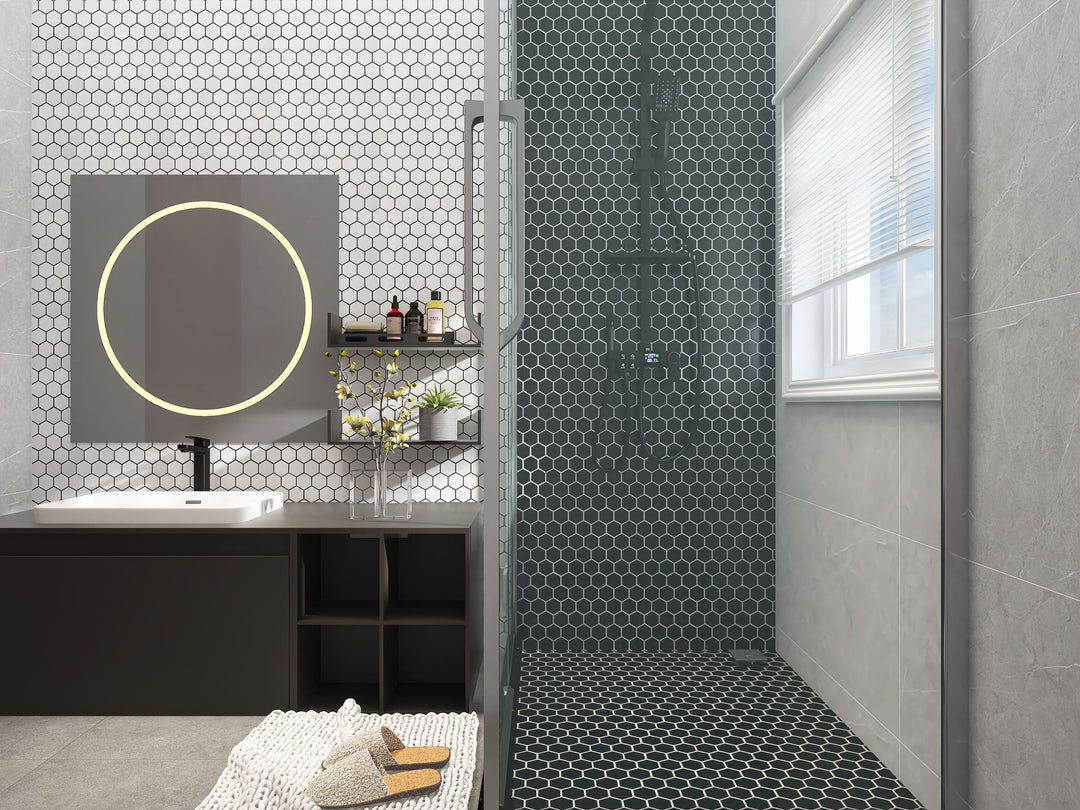A sleek and modern ambiance enhanced by Solids Black 2" Hexagon Matte Porcelain Mosaic, offering a bold yet timeless appeal.