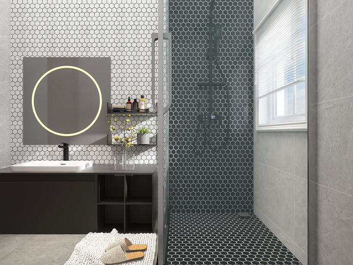 A sleek and modern ambiance enhanced by Solids Black 2" Hexagon Matte Porcelain Mosaic, offering a bold yet timeless appeal.