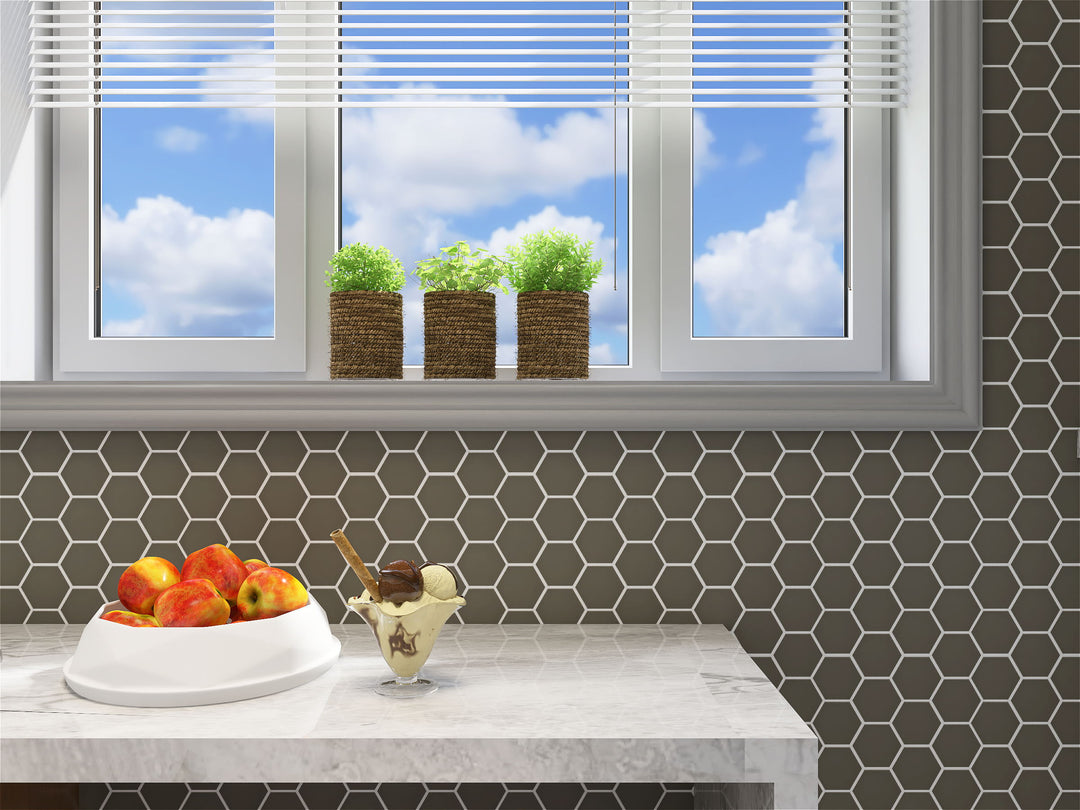 A stylish and neutral-toned interior featuring Solids Gray 2" Hexagon Matte Porcelain Mosaic, providing subtle texture and a contemporary look.