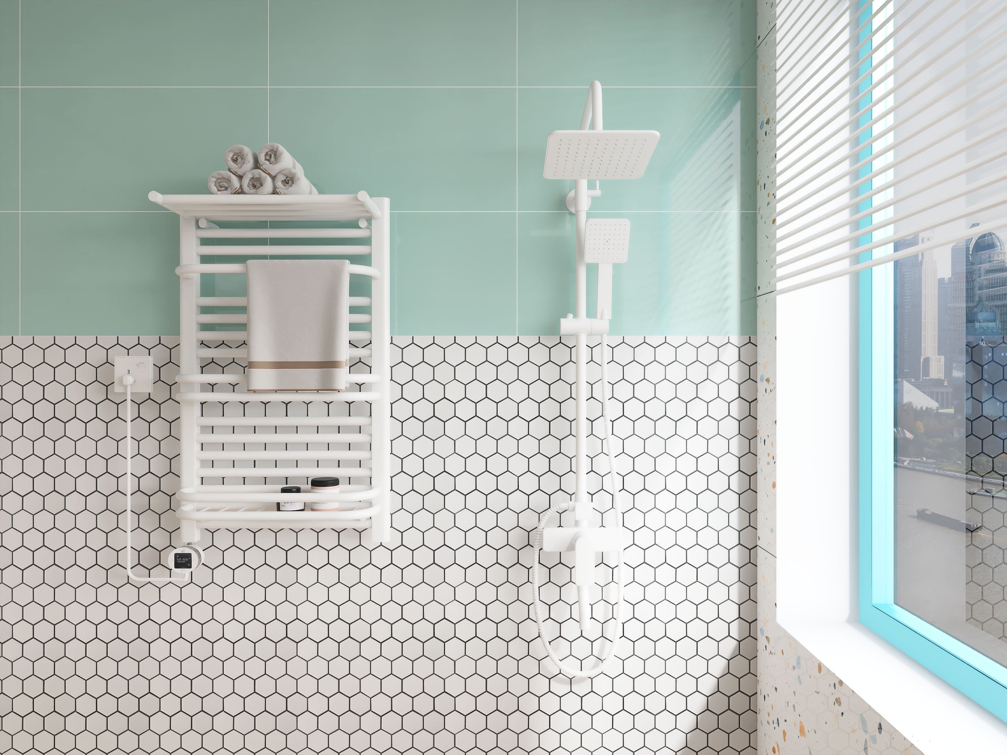 Overhead shot of white 2-inch hexagon matte porcelain mosaic tiles, delivering a crisp and structured aesthetic ideal for clean, minimalist designs.