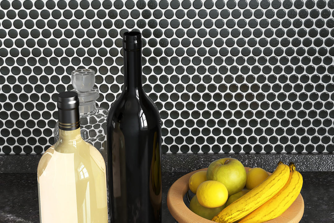 A modern and bold room scene featuring Pure Black Penny Round Glossy Porcelain Mosaic, adding depth and character with its high-shine surface.