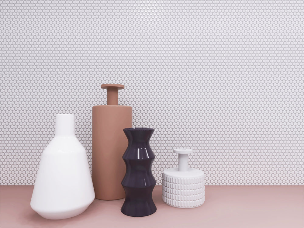 A bright and fresh room design showcasing Pure White Penny Round Glossy Porcelain Mosaic, delivering a timeless and versatile aesthetic.