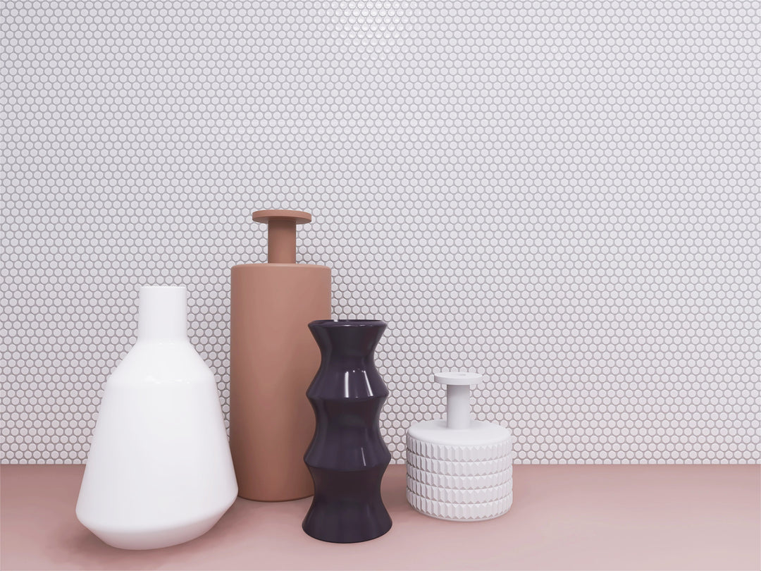 A bright and fresh room design showcasing Pure White Penny Round Glossy Porcelain Mosaic, delivering a timeless and versatile aesthetic.