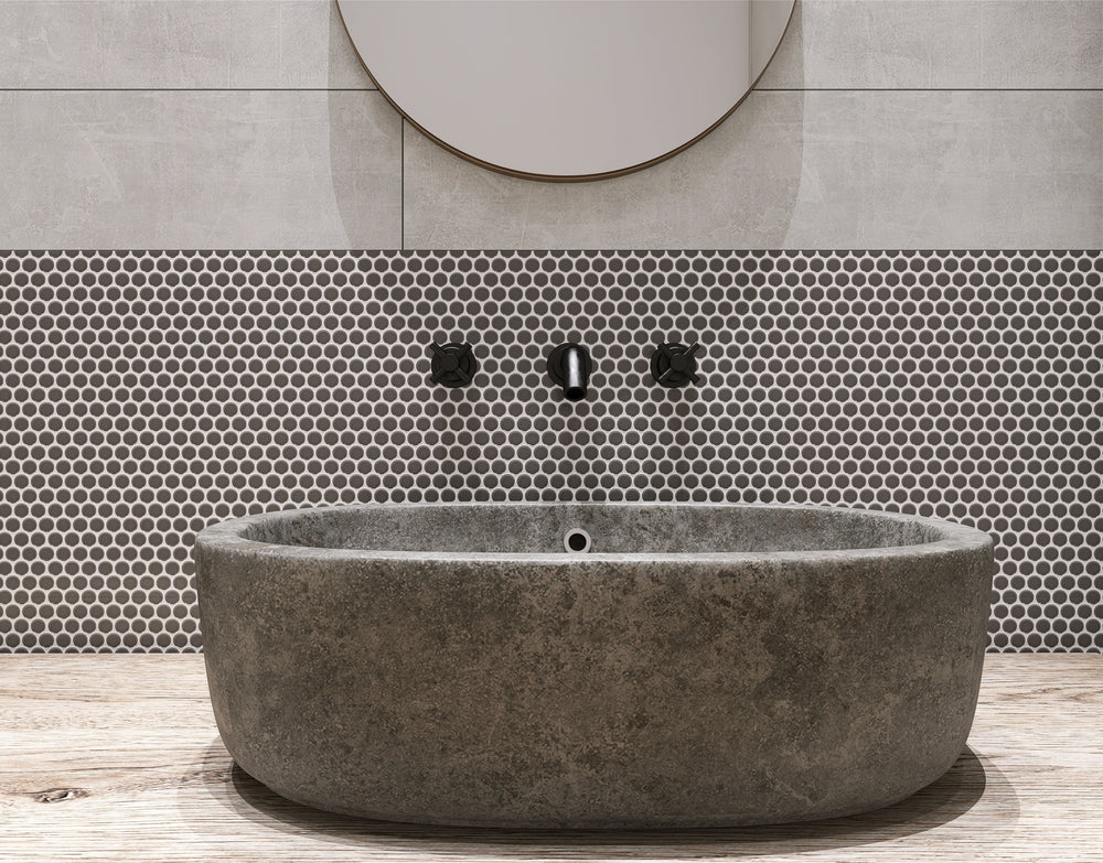 A sleek and dramatic space featuring Pure Black Penny Round Matte Porcelain Mosaic, adding understated elegance with a modern matte finish.