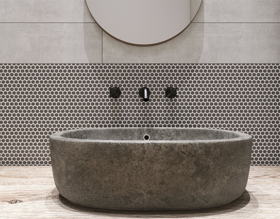 A sleek and dramatic space featuring Pure Black Penny Round Matte Porcelain Mosaic, adding understated elegance with a modern matte finish.