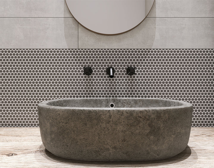 A sleek and dramatic space featuring Pure Black Penny Round Matte Porcelain Mosaic, adding understated elegance with a modern matte finish.