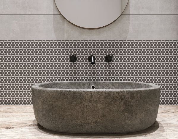 A sleek and dramatic space featuring Pure Black Penny Round Matte Porcelain Mosaic, adding understated elegance with a modern matte finish.
