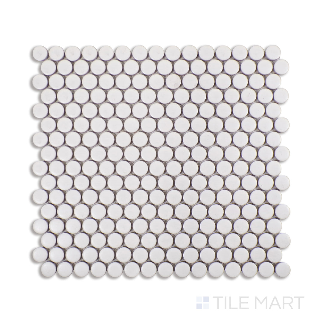Overhead image of matte gray penny round porcelain mosaic tiles, offering a subdued elegance with a soft finish for a versatile interior accent.