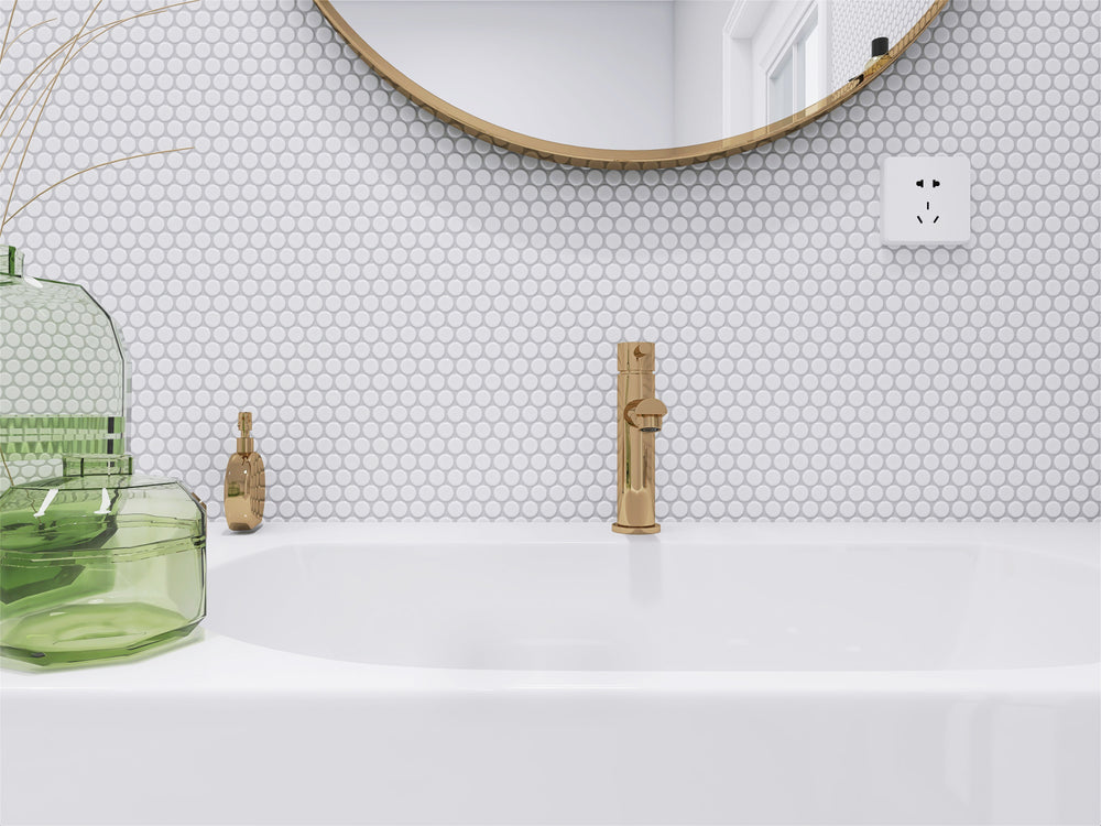 A sleek and dramatic space featuring Pure Black Penny Round Matte Porcelain Mosaic, adding understated elegance with a modern matte finish.
