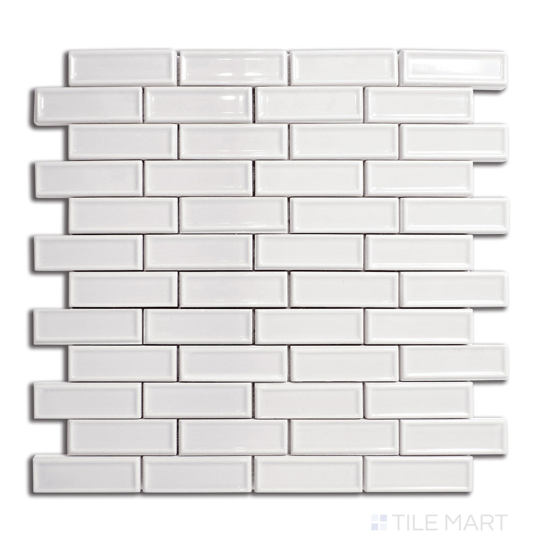 Flat-lay image of Roxy Moonstone brick glossy porcelain mosaic, offering a soft, luminous finish with a subtle texture for elegant spaces.