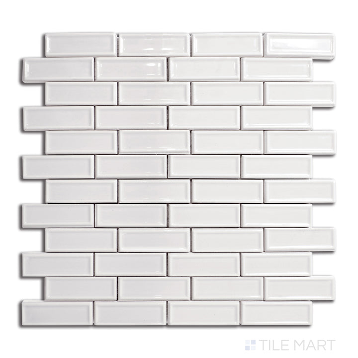 Flat-lay image of Roxy Moonstone brick glossy porcelain mosaic, offering a soft, luminous finish with a subtle texture for elegant spaces.