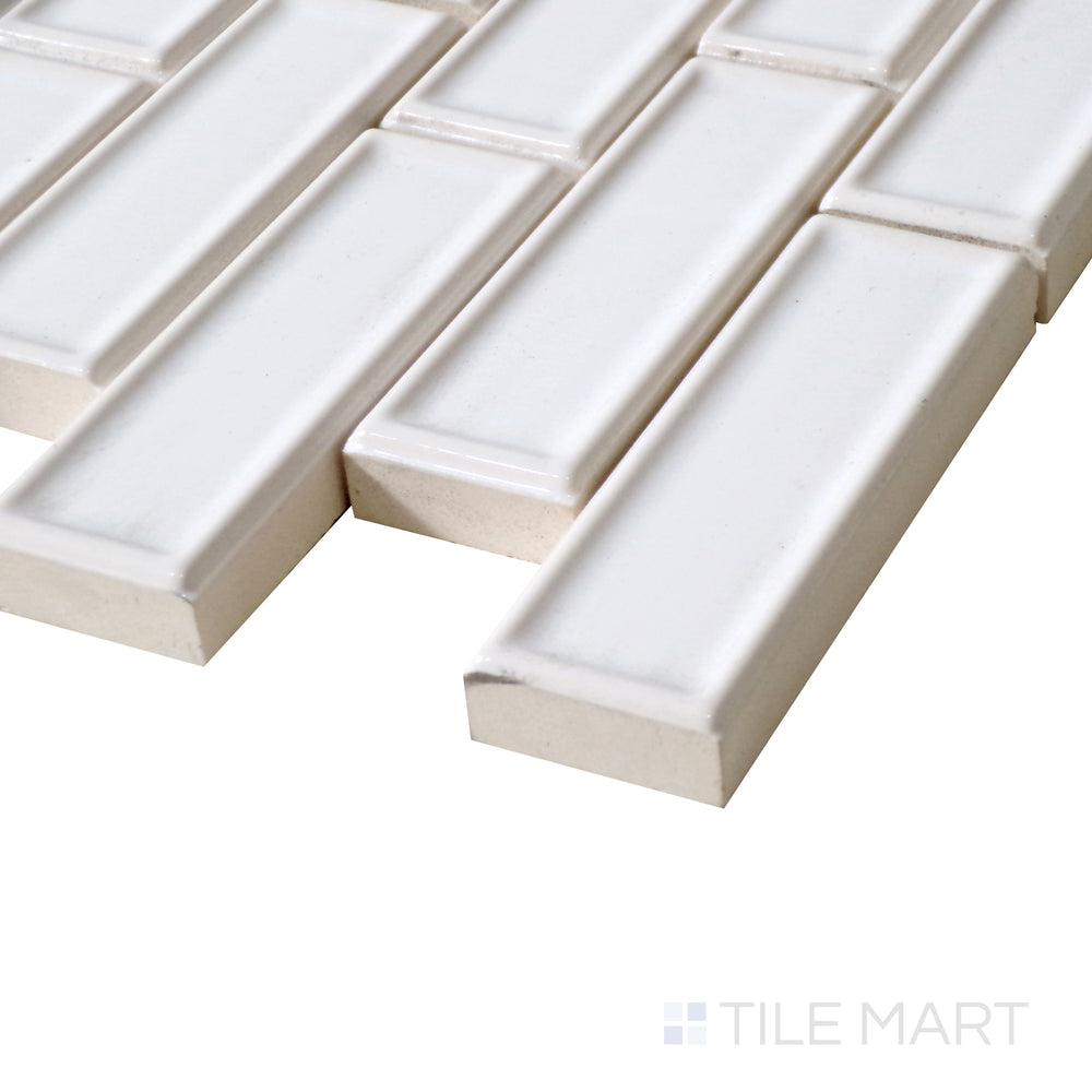 Side view showcases the delicate quartz-inspired texture and glossy sheen of Roxy Quartz Brick Glossy Porcelain Mosaic for a sophisticated touch.