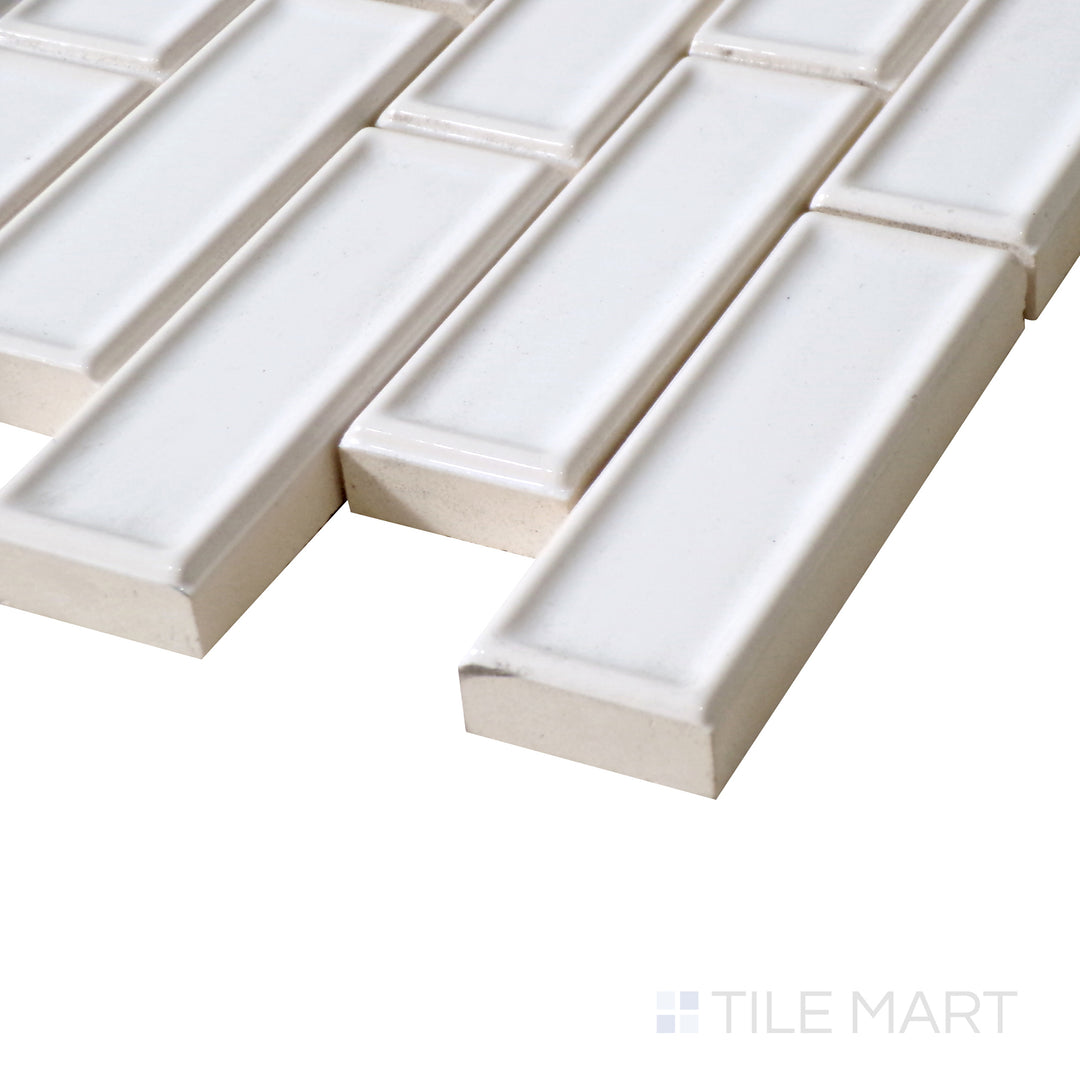 Side view showcases the delicate quartz-inspired texture and glossy sheen of Roxy Quartz Brick Glossy Porcelain Mosaic for a sophisticated touch.