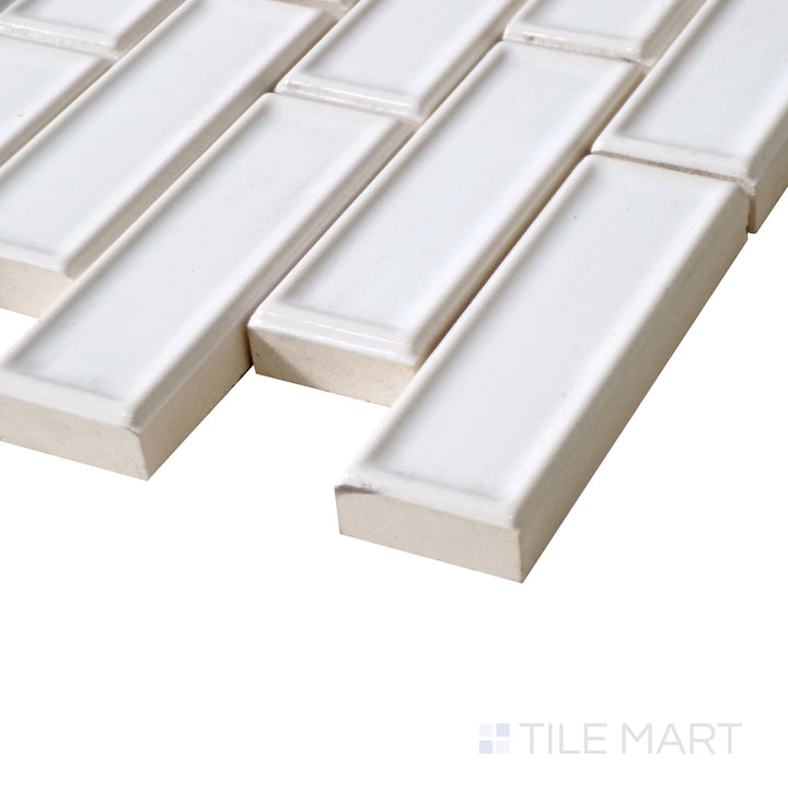 Side view showcases the delicate quartz-inspired texture and glossy sheen of Roxy Quartz Brick Glossy Porcelain Mosaic for a sophisticated touch.