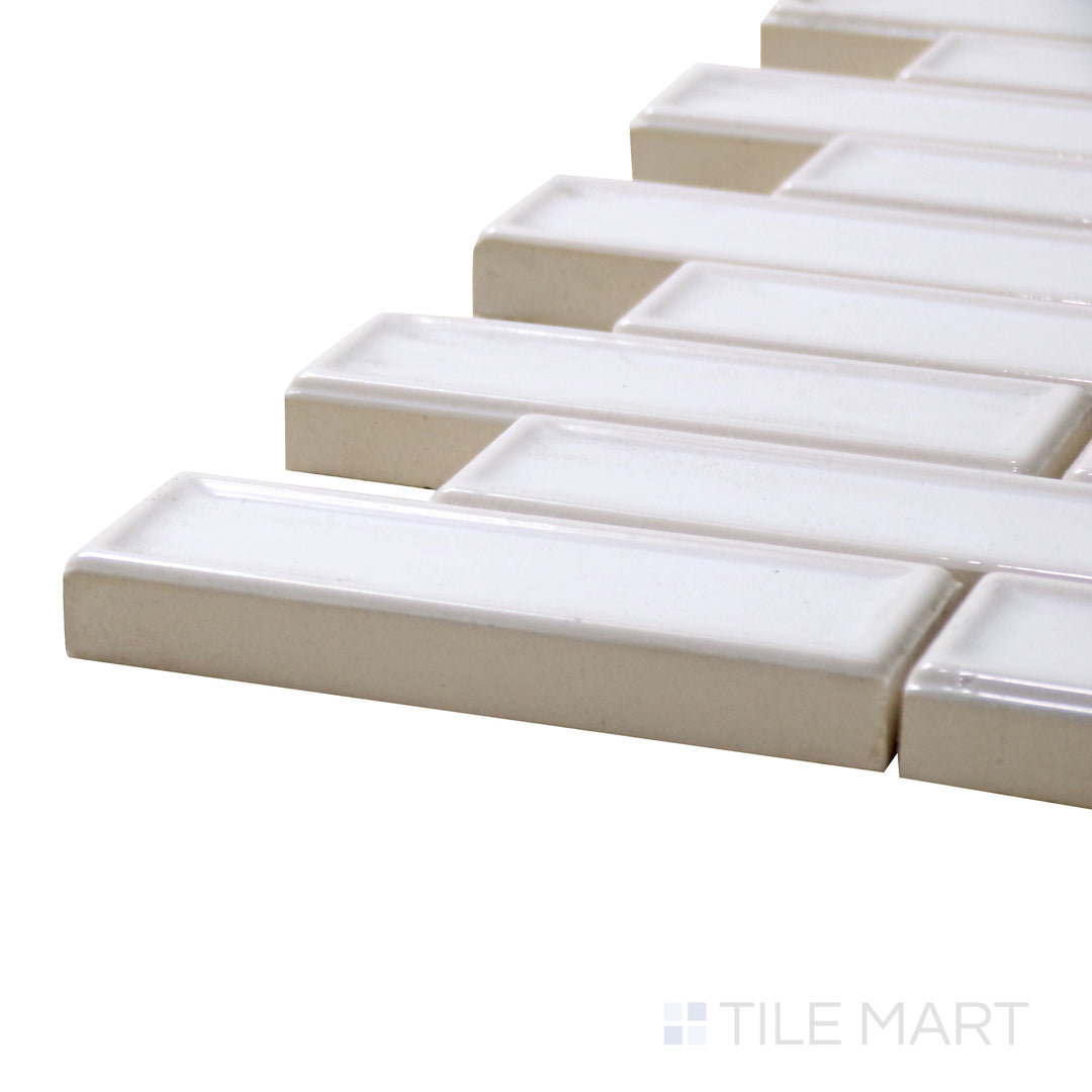 A corner perspective of the Roxy Quartz Brick Glossy Porcelain Mosaic highlights its neutral quartz tone with a polished finish, perfect for a chic and contemporary look.