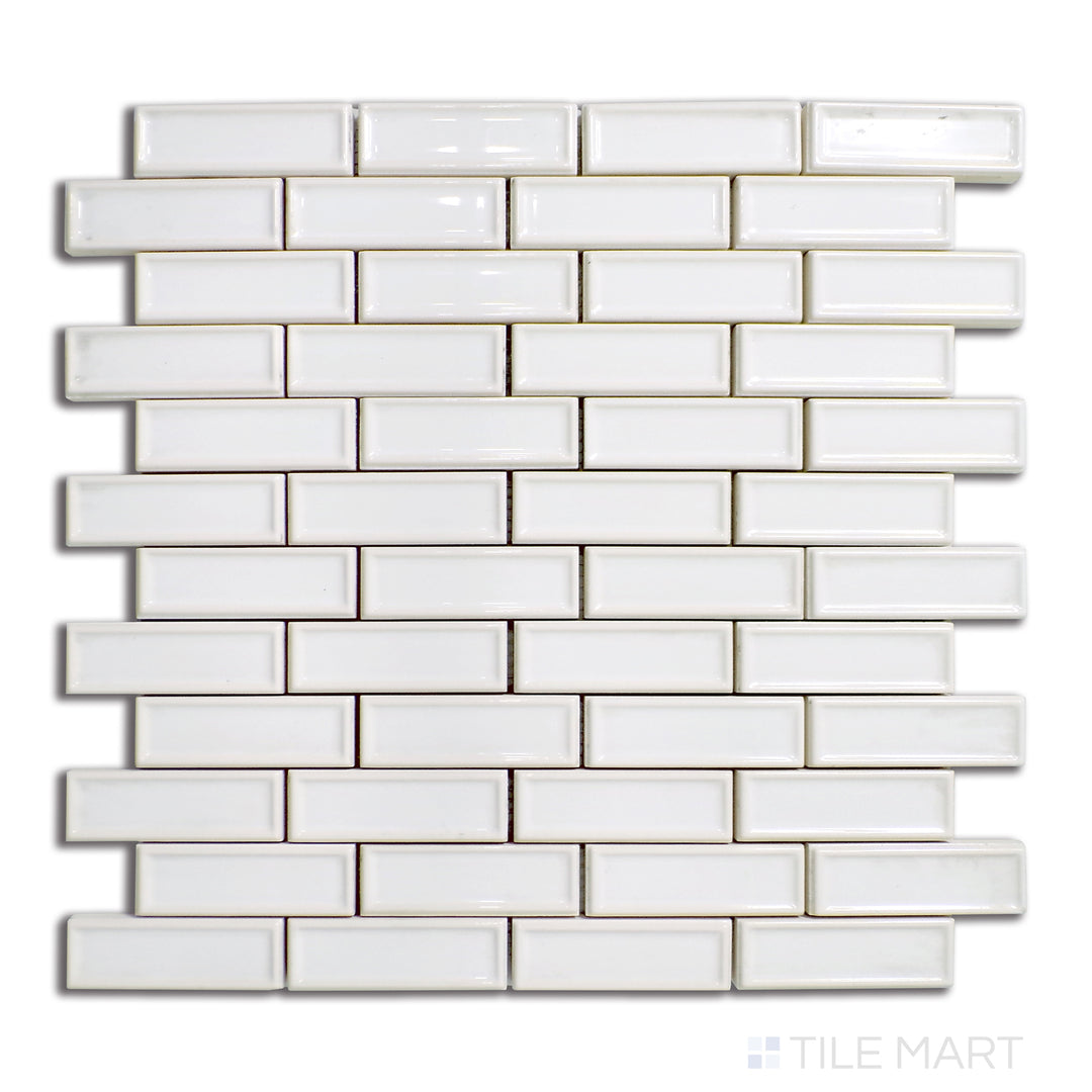 Overhead shot of Roxy Quartz brick glossy porcelain mosaic, showcasing a refined glossy surface that adds depth and brightness to any room.