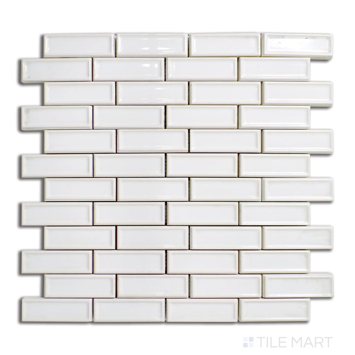 Overhead shot of Roxy Quartz brick glossy porcelain mosaic, showcasing a refined glossy surface that adds depth and brightness to any room.