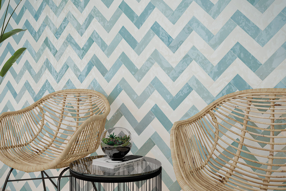 A vibrant and refreshing space with Safi Aqua 2X6 Glossy Ceramic, bringing a pop of color and a glossy finish for a lively touch.