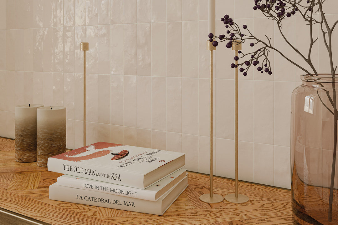 A warm and inviting setting enhanced by Safi Nude 2X6 Glossy Ceramic, adding subtle elegance with its soft, neutral tones.