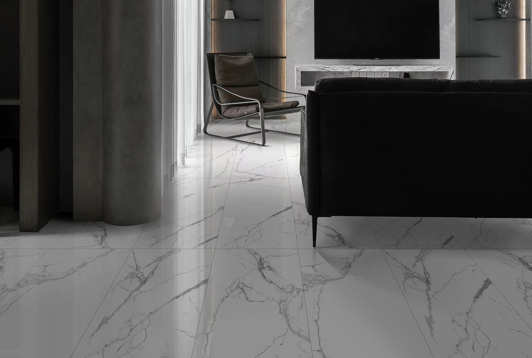 A refined space showcasing Select White Carrara White 12X24 Matte Porcelain, exuding natural elegance with its soft, honed texture.