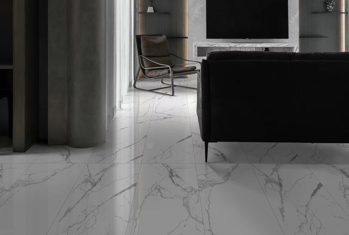 A refined space showcasing Select White Carrara White 12X24 Matte Porcelain, exuding natural elegance with its soft, honed texture.