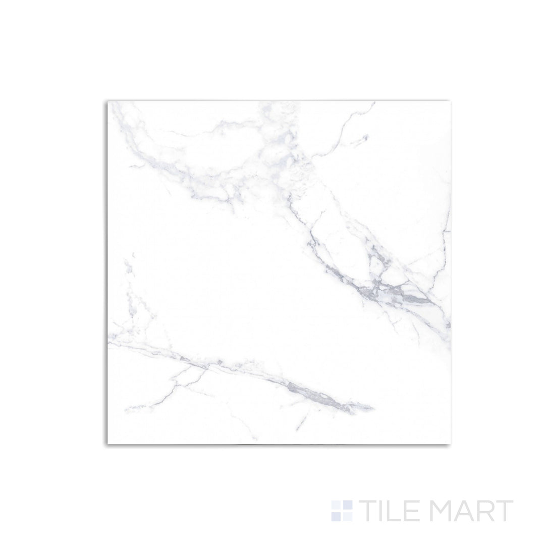 Overhead shot of Select White Carrara White 24x24 matte porcelain tile, showcasing a classic marble-inspired look with a smooth, muted finish.