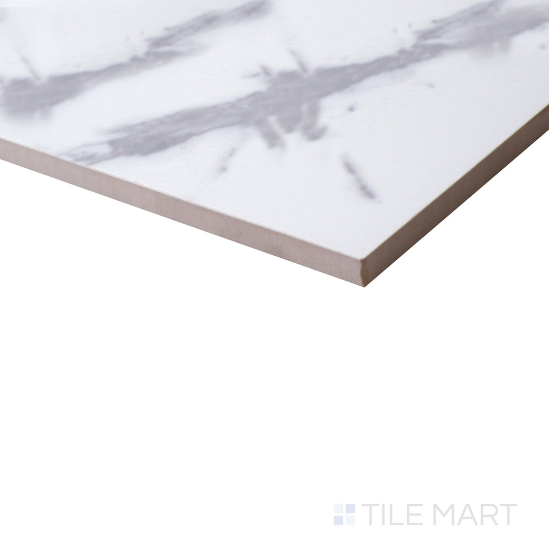 Wide-angle perspective enhances the elongated elegance of Select White Carrara White 24X48 Matte Porcelain, perfect for modern interiors.