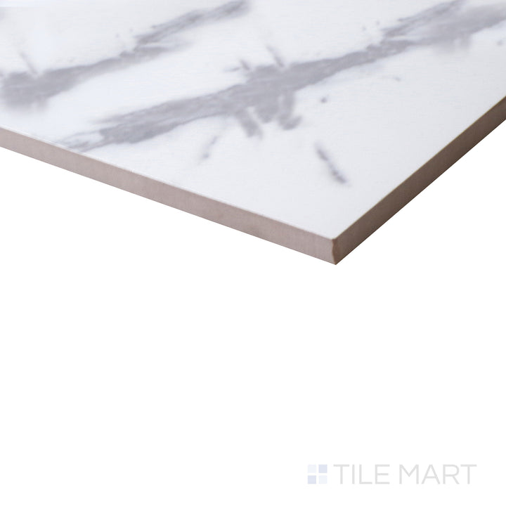 Wide-angle perspective enhances the elongated elegance of Select White Carrara White 24X48 Matte Porcelain, perfect for modern interiors.