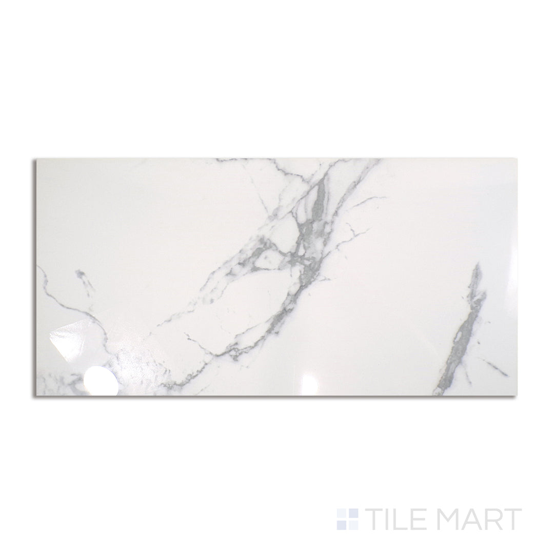 Aerial view of Select White Carrara White 12X24 Polished Porcelain, presenting crisp white tones with intricate veining in a polished finish for a sleek design.
