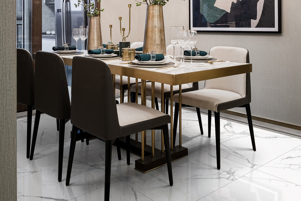 A bright and luxurious space featuring Select White Carrara White 12X24 Polished Porcelain, bringing a refined elegance with its high-gloss sheen.