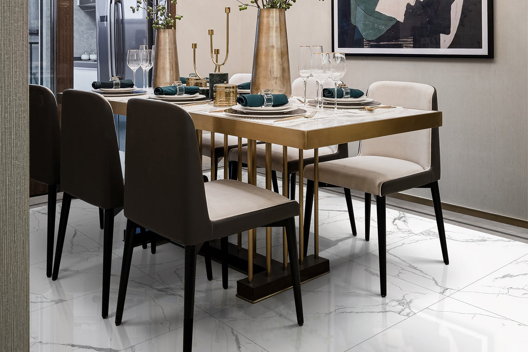 A bright and luxurious space featuring Select White Carrara White 12X24 Polished Porcelain, bringing a refined elegance with its high-gloss sheen.