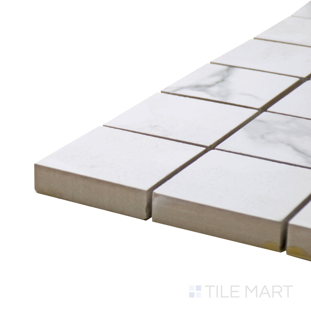 Detailed corner shot of Select White Carrara White 2" Square Matte Porcelain Mosaic, emphasizing the uniform layout and modern matte surface of this classic mosaic design.