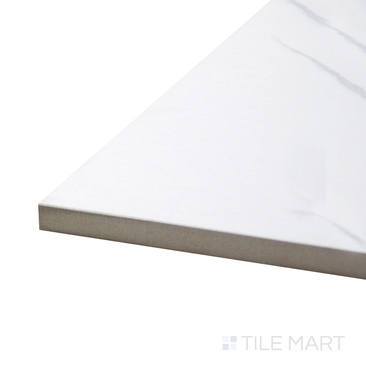 Corner-focused view of Stonelook Marble Cloud 12X24 Polished Porcelain, showcasing its reflective polished finish and soft, marble-inspired veining.