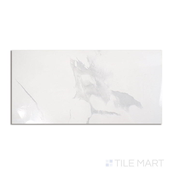 Overhead shot of Stonelook Marble Cloud 12X24 Polished Porcelain, presenting a glossy porcelain tile with dreamy marble-like patterns for a refined, high-end look.