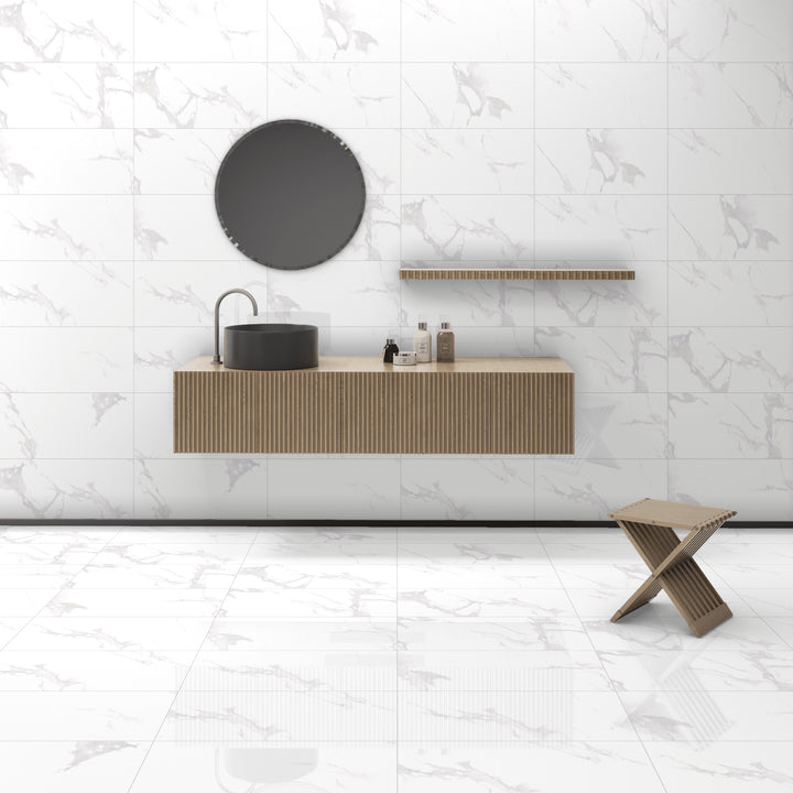 A sophisticated and luminous interior showcasing Stonelook Marble Cloud 12X24 Polished Porcelain, delivering a refined marble look with a glossy touch.