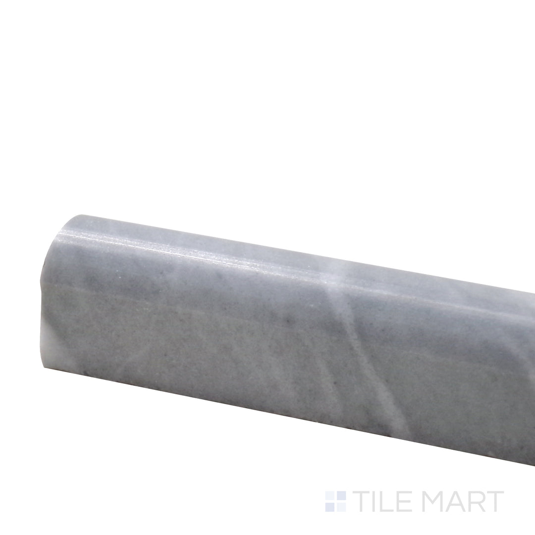 Corner shot of Sto-Re Bardiglio 0.75X12 Polished Marble Pencil, featuring its deep gray tone and sleek polished finish for a refined trim accent.